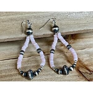 Sterling Silver Southwestern Navajo Style Pearl & Pink Conch Bead Hoop Earrings